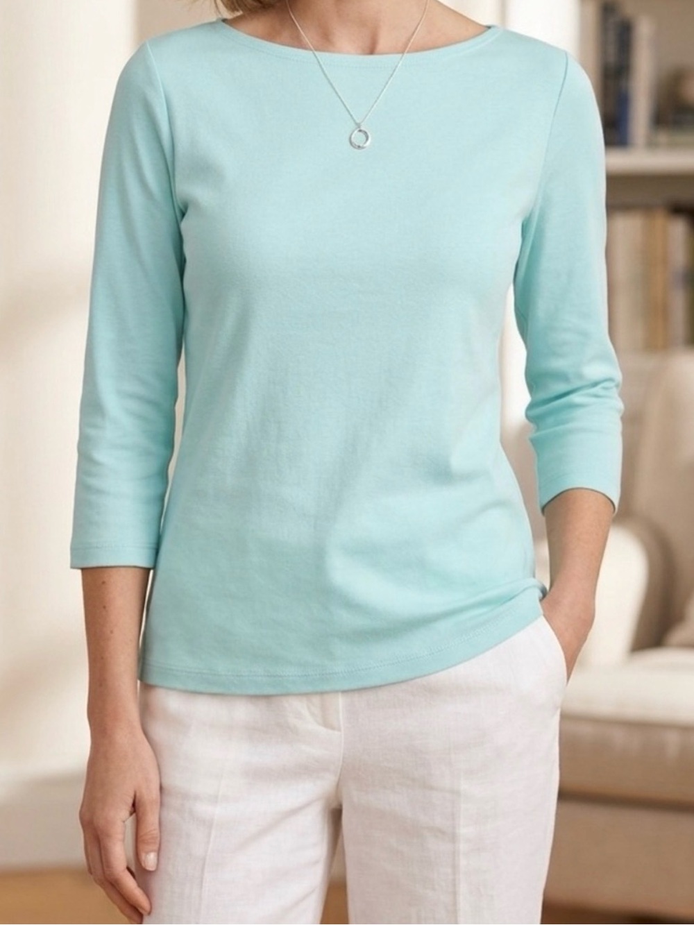 THE TALBOTS TEE SEA SALT BLUE SOLID BATEAU NECK TEE PIMA COTTON